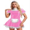 ACSUSS Women's Wet Look PVC Leather French Maid Cosplay Costume Mini Dress with Lace Headband Pink 3X-Large view 1