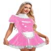 ACSUSS Women's Wet Look PVC Leather French Maid Cosplay Costume Mini Dress with Lace Headband Pink 3X-Large view 2