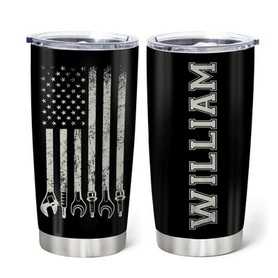 Hyturtle Personalized Mechanic Gifts For Men - Mechanic American Flag Printed Custom Name Stainless Steel Tumblers 20oz Coffee With Lid Gifts For Mechanic Lover Dad Grandpa Man On Birthday Christmas