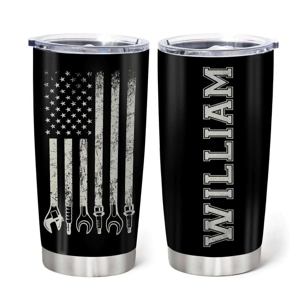 Hyturtle Personalized Mechanic Gifts For Men - Mechanic American Flag Printed Custom Name Stainless Steel Tumblers 20oz Coffee With Lid Gifts For Mechanic Lover Dad Grandpa Man On Birthday Christmas