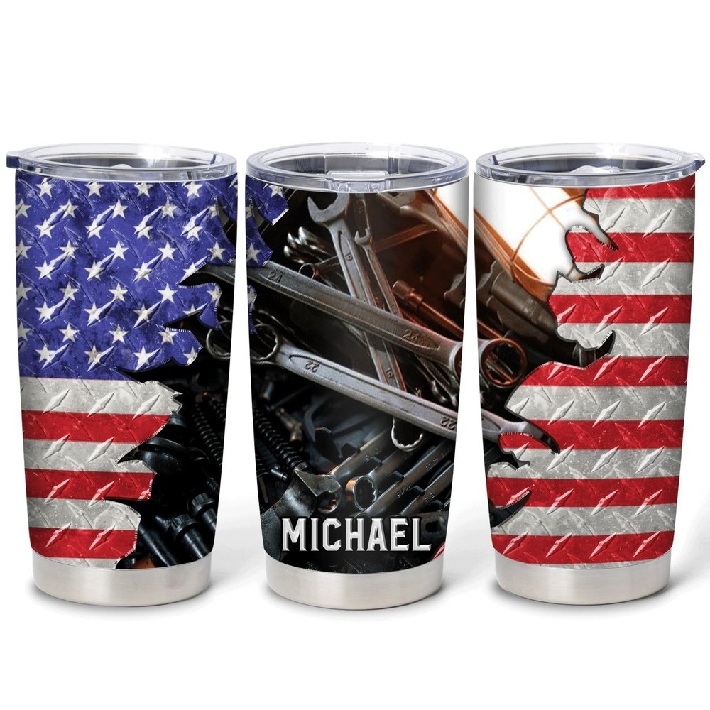 Hyturtle Personalized Mechanic Gifts For Men - Mechanic American Flag Printed Custom Name Stainless Steel Tumblers 20oz Coffee With Lid Gifts For Mechanic Lover Dad Grandpa Man On Birthday Christmas
