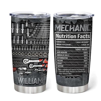 Hyturtle Personalized Mechanic Gifts For Men - Mechanic Nutrition Facts Custom Name Stainless Steel Tumblers 20oz Coffee Cup With Lid - Gifts For Mechanic Lover Dad Grandpa Man On Birthday Christmas