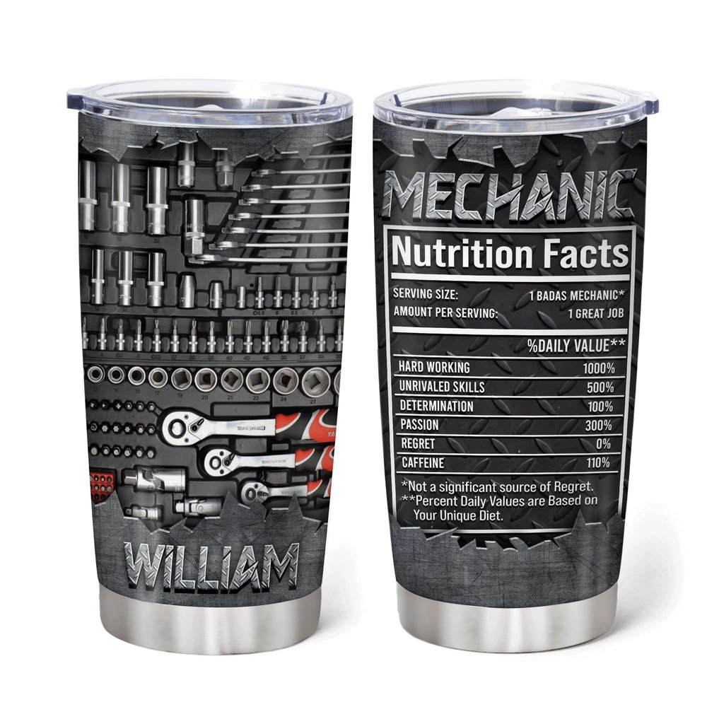 Hyturtle Personalized Mechanic Gifts For Men - Mechanic Nutrition Facts Custom Name Stainless Steel Tumblers 20oz Coffee Cup With Lid - Gifts For Mechanic Lover Dad Grandpa Man On Birthday Christmas