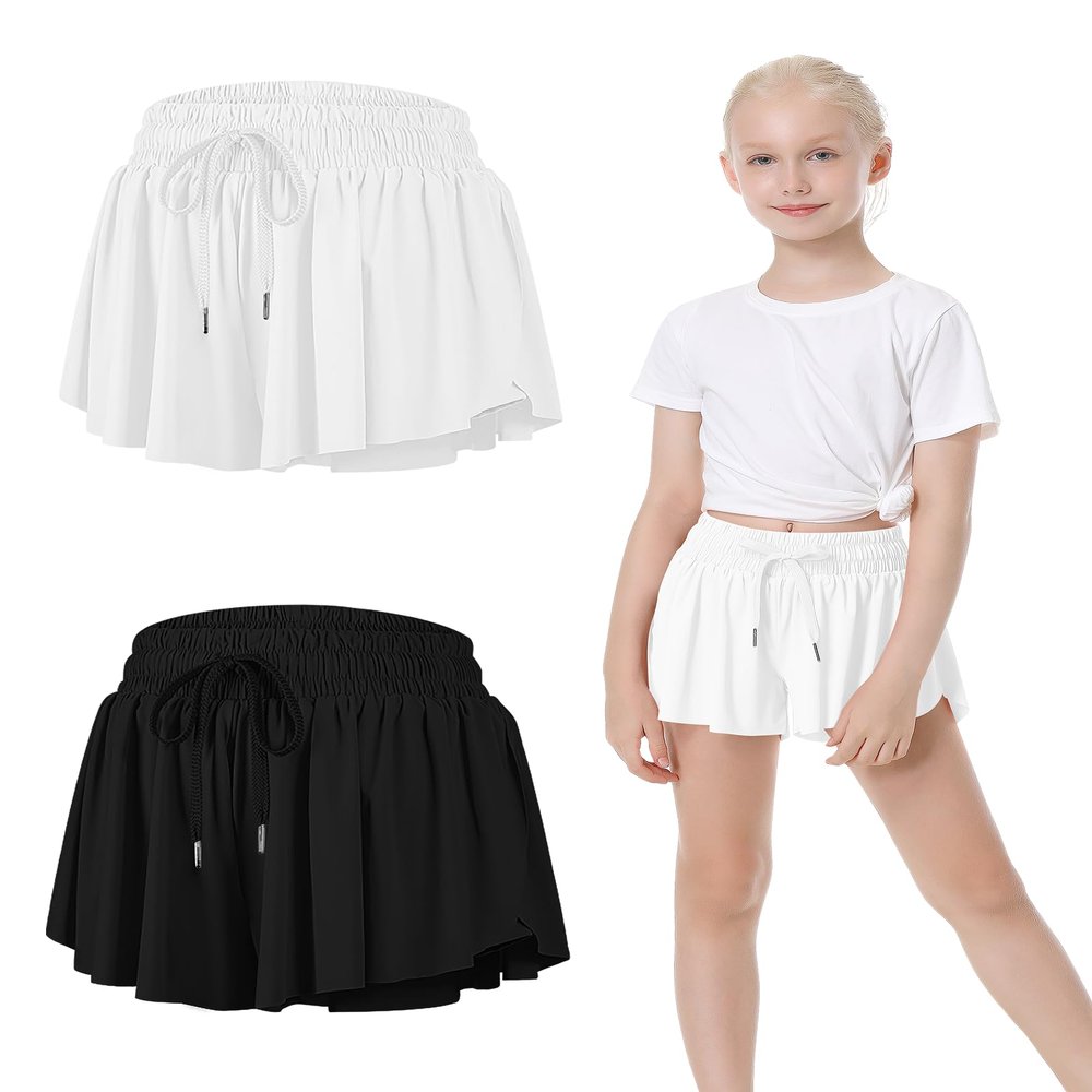 2 Packs Girls Athletic Butterfly Shorts Flowy Shorts for Kids 2-in-1 Tennis Short for Workout(Black+White,Small)