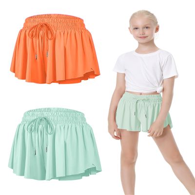 2 Packs Girls Athletic Butterfly Shorts Flowy Shorts for Kids 2-in-1 Tennis Short for Workout(Light Green+Orange,Large)
