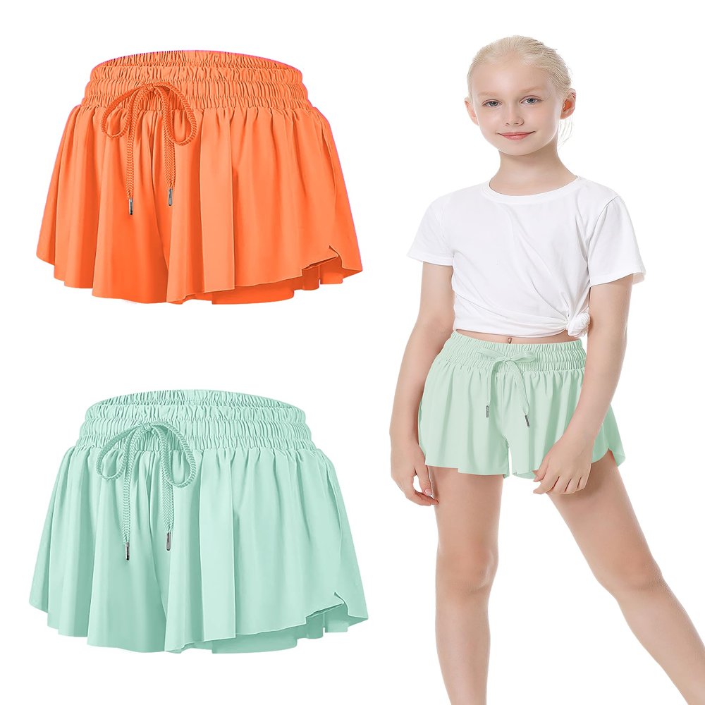 2 Packs Girls Athletic Butterfly Shorts Flowy Shorts for Kids 2-in-1 Tennis Short for Workout(Light Green+Orange,Large)
