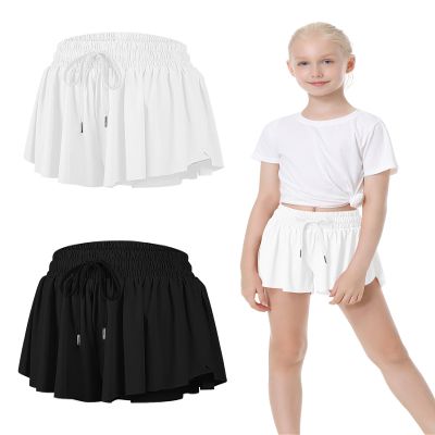 2 Packs Girls Athletic Butterfly Shorts Flowy Shorts for Kids 2-in-1 Tennis Short for Workout(Black+White,X-Small)