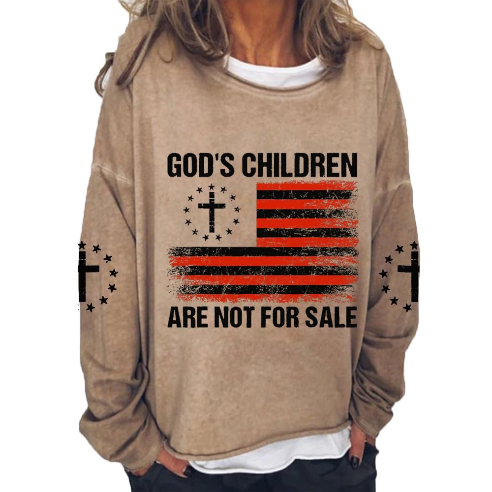 Fiogomis Womens God's Children Are Not for Sale Shirt Women's Faith Respect Jesus Cross Print Long Sleeve T-Shirt Christian Sweatshirts for Women with Sayings on it Inspirational Sweatshirt Khaki