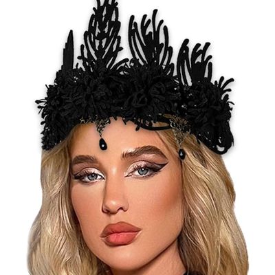 Aceorna Floral Crown Headband Black Flower Hairband Floral Beads Headpiece Crown Gothic Headwear for Halloween Cosplay Masquerade Party
