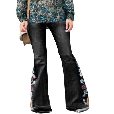 Women's Embroidered Bell Bottom Denim Jeans Stretch Butt Flare Lifting Vintage Washed Jeans Wide Leg Black Denim Jeans Pants L