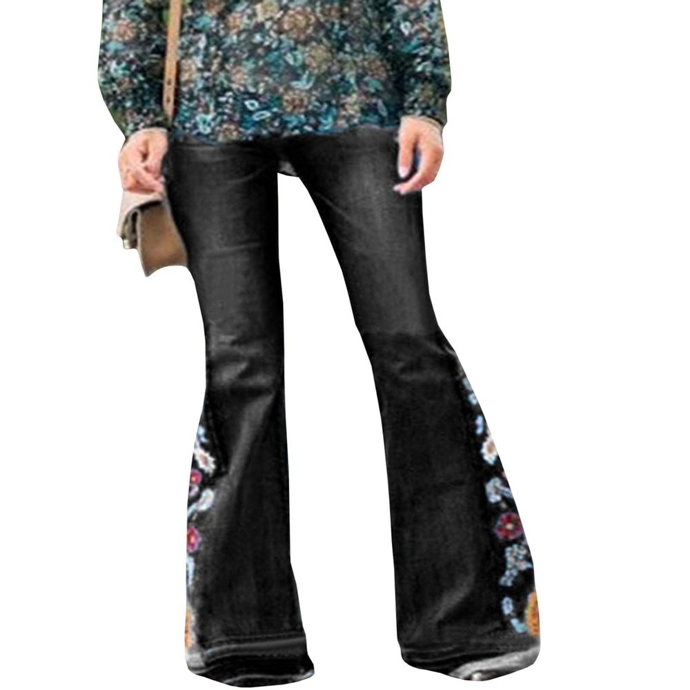 Women's Embroidered Bell Bottom Denim Jeans Stretch Butt Flare Lifting Vintage Washed Jeans Wide Leg Black Denim Jeans Pants L