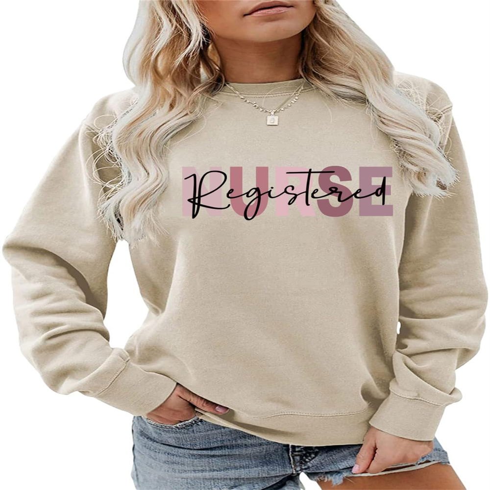 ESIKAH Women's RN Emergency Room Nurse Sweatshirt - Casual Crewneck Pullover Top - Beige
