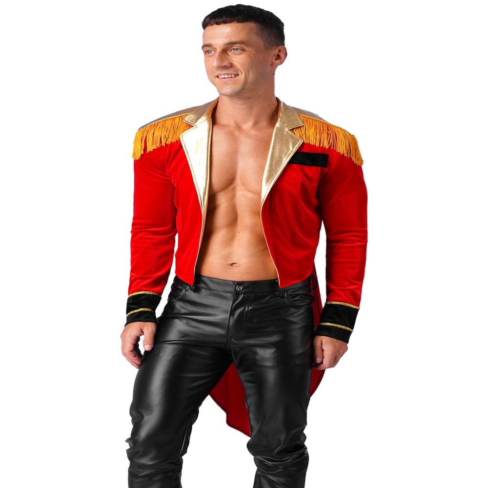 Sywiyi Mens Ringmaster Tailcoat Circus Showman Costume Jacket Tassels Velvet Coat for Halloween Themed Party Red Medium