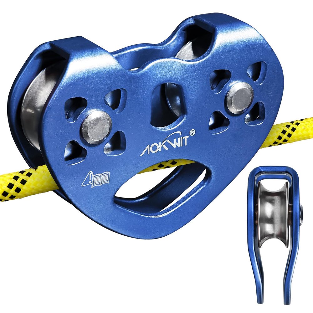 Zip Line Pulley 8-13mm Climbing Pulley Cable Rope Durable Aluminum Stainless Steel Roller Double Tandem Speed Dual Pulley 25KN for Backyard Zipline Hauling Rigging Mountaineering Rescue Climbing Gear