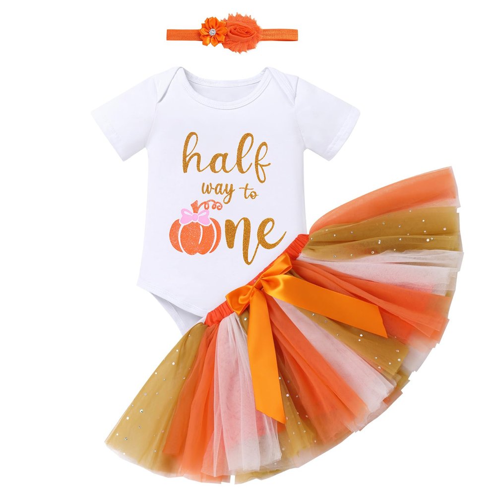 AWIBMK Baby Girl 1st Birthday Outfit Cow Giraffe Romper Tutu Skirt Headband Cake Smash Photo Shoot 3Pcs Clothes Set, Orange Half Way to One, 0-6 Months