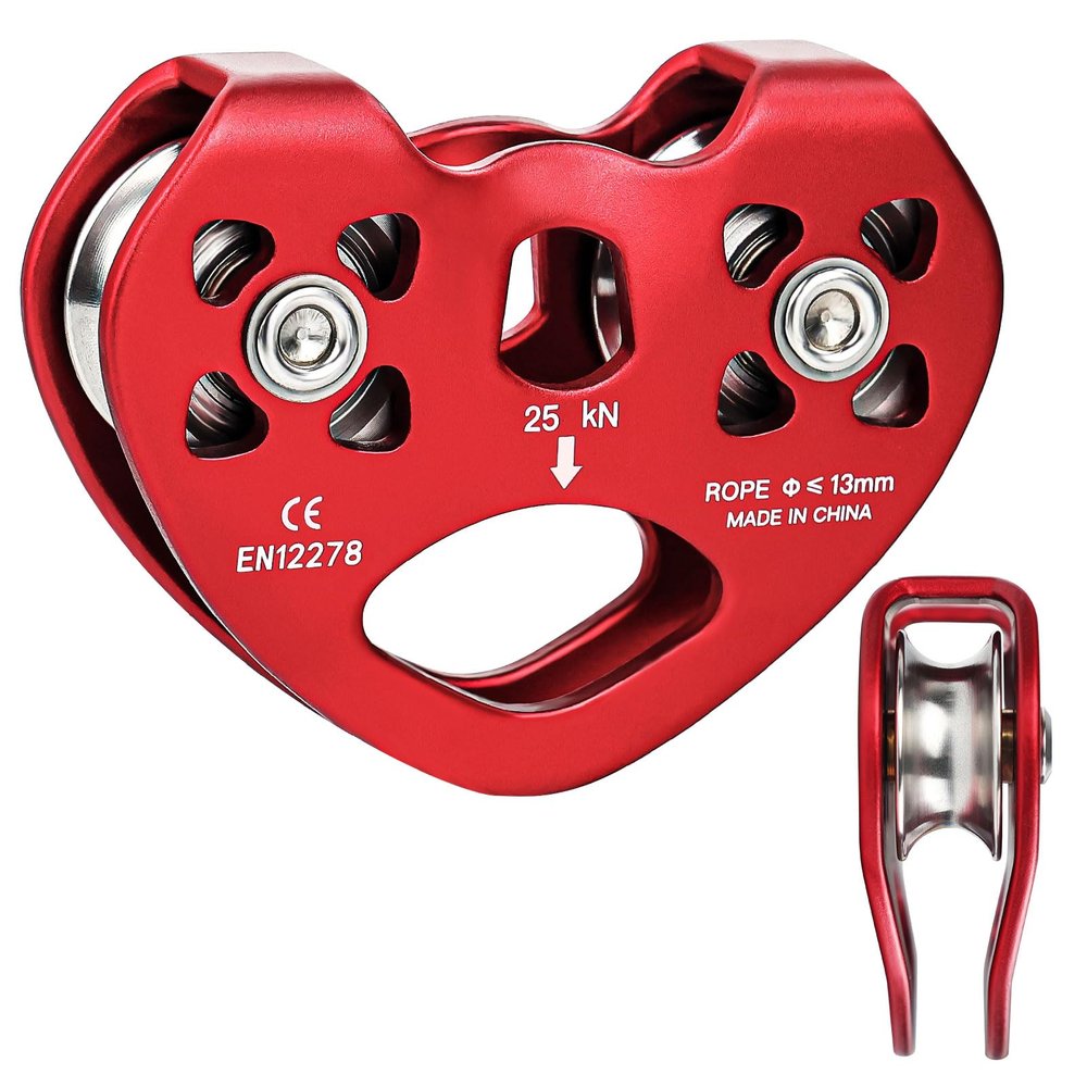 Zip Line Pulley 8-13mm Climbing Pulley Cable Rope Durable Aluminum Stainless Steel Roller Double Tandem Speed Dual Pulley 25KN for Backyard Zipline Hauling Rigging Mountaineering Rescue Climbing Gear