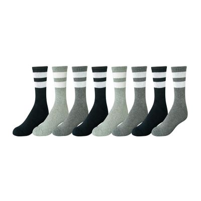 Amazon Essentials Men's Cushioned Retro Stripe Crew Socks, 8 Pairs, Black/Grey/Light Grey, 8-12