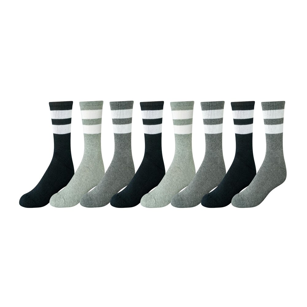 Amazon Essentials Men's Cushioned Retro Stripe Crew Socks, 8 Pairs, Black/Grey/Light Grey, 8-12