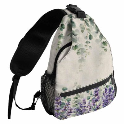 Sling Backpack, Farmhouse Eucalyptus Purple Hydrangea Plants Linen Waterproof Lightweight Small Sling Bag, Travel Chest Bag Crossbody Shoulder Bag Hiking Daypack for Women Men