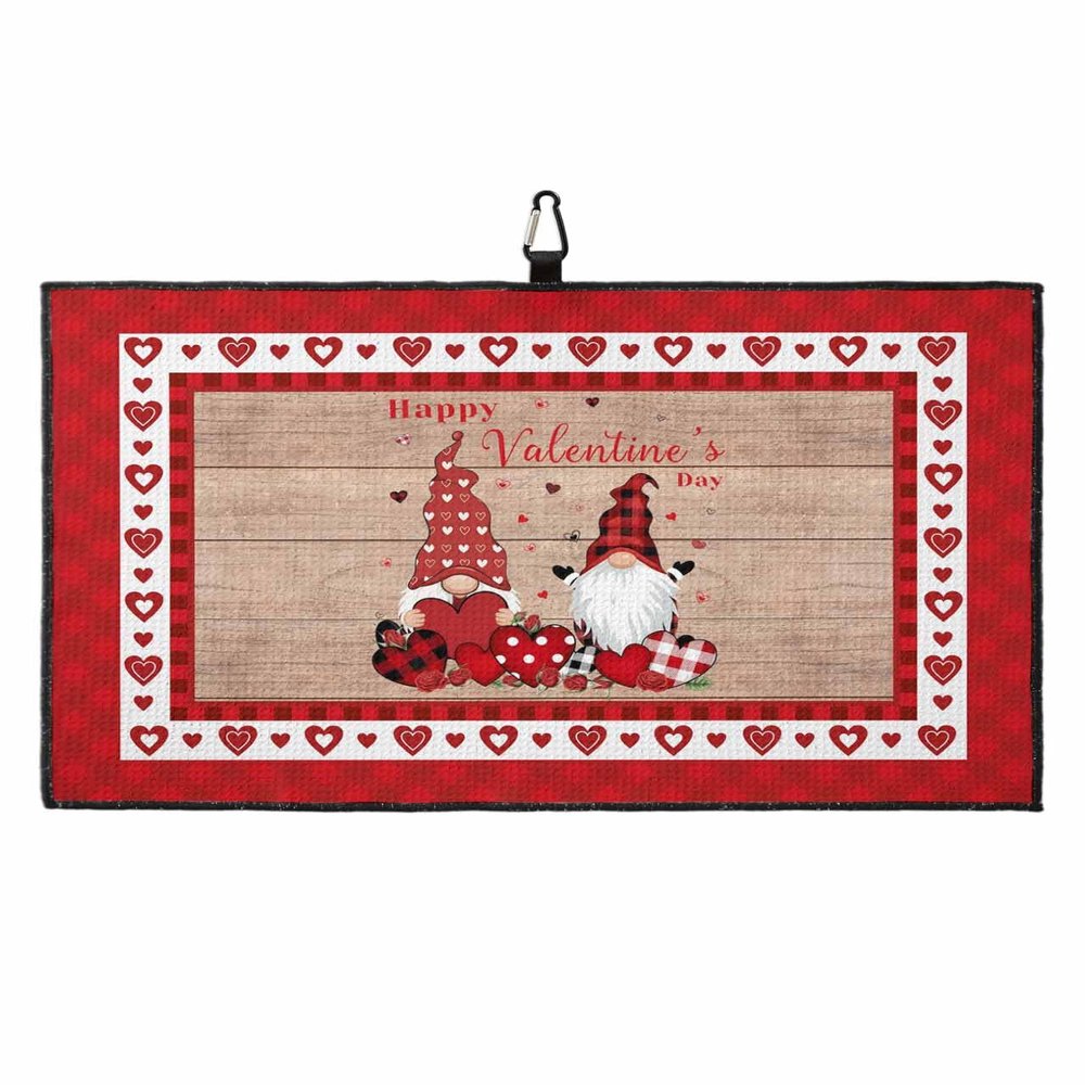 Golf Towels for Golf Bags with Clip - Funny Microfiber Waffle Pattern Golf Towel Happy Valentine's Day Gnomes with Rose Heart Rustic Wooden Plank Golf Accessories for Men and Women Gifts 24x16 Inch