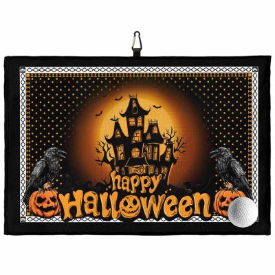 SEVENBABU Golf Towels for Golf Bags with Clip - Funny Microfiber Waffle Pattern Golf Towel Happy Halloween Haunted House Ghoust Pumpkin Golf Accessories for Men and Women Gifts 24x16 Inch