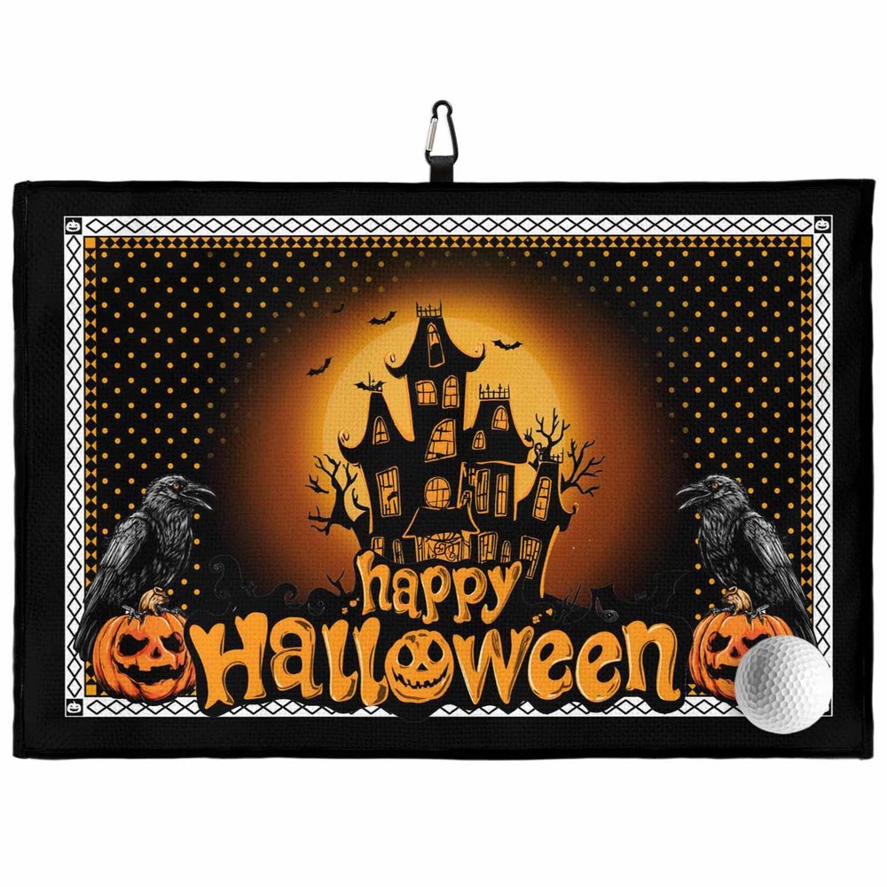 SEVENBABU Golf Towels for Golf Bags with Clip - Funny Microfiber Waffle Pattern Golf Towel Happy Halloween Haunted House Ghoust Pumpkin Golf Accessories for Men and Women Gifts 24x16 Inch