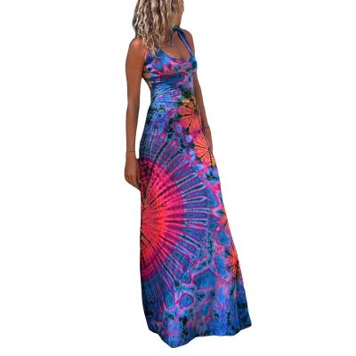 Adoeren Women Y2k Tie Dye Long Dress Sexy Sleeveless Open Back Colorful Maxi Dress Floral Printed Beach Party Sundress(A642 Navy,S)