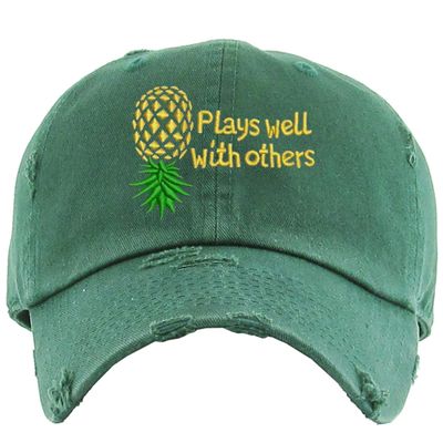 Plays Well with Others Dad Hat Distressed Pineapple Funny Baseball Cap (Olive Green)