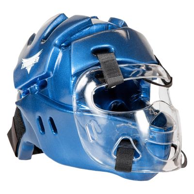 Karate Sparring Full Head Gear with face Shield (Blue, Adult Medium)