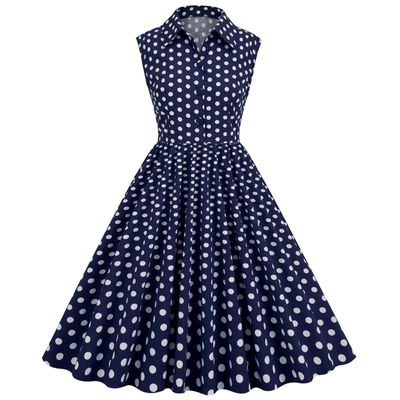 50s Dresses Vintage Button Down Shirt Dress Retro Rockabilly Sleeveless Polka Dot Audrey Prom Party Dress for Girls Navy