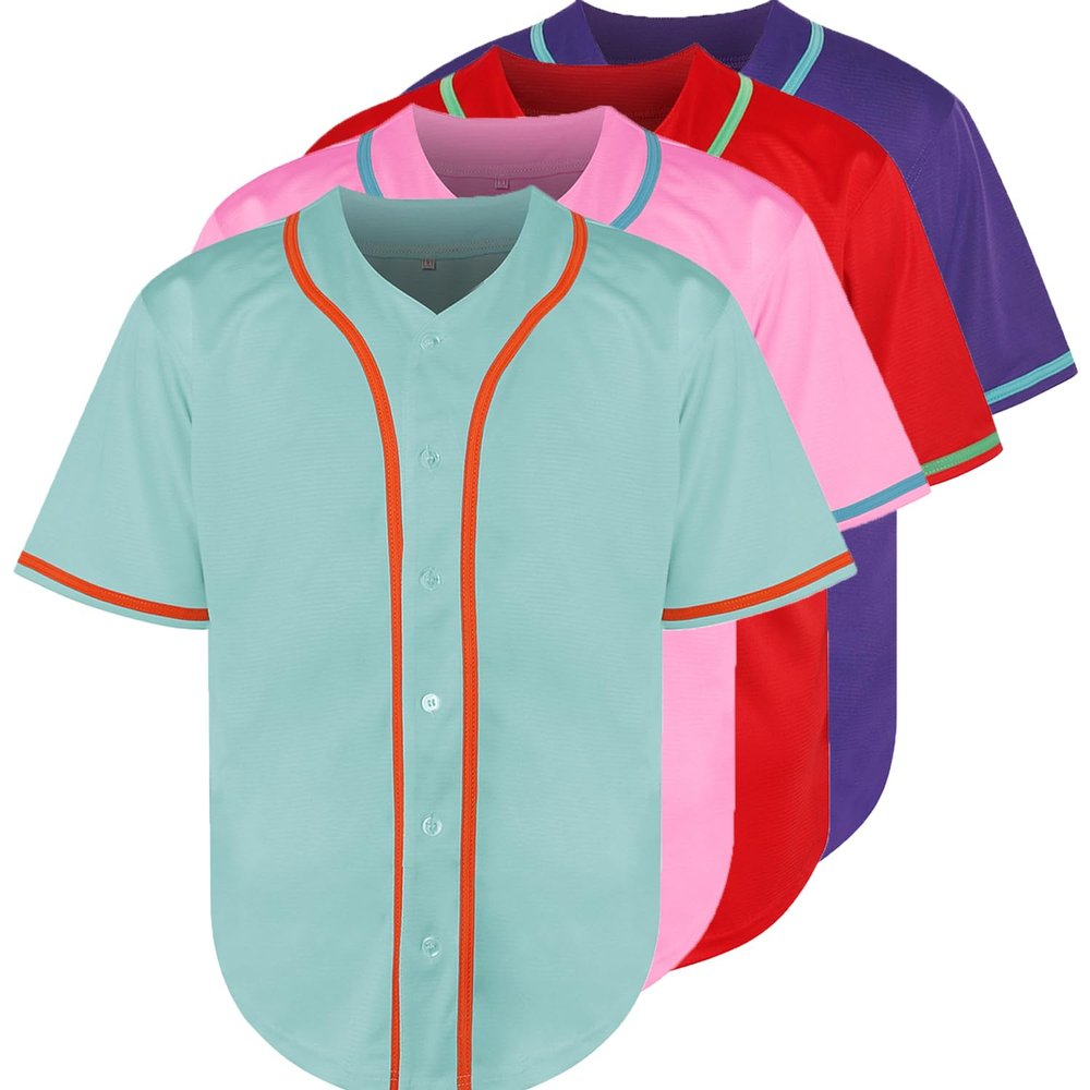 JKNAKN Blank Baseball Button Down Jersey Plain Short Sleeve Hipster Hip Hop T Shirts Jersey (X-Large, Light-Blue)