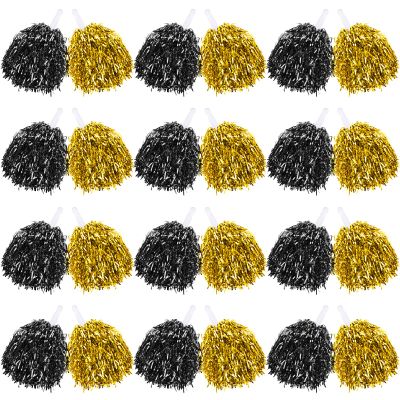 60 Pcs Cheerleading Pom Poms Bulk Kit Metallic Foil Fun Spirited Cheerleader Poms with Plastic Handles for Kids Adults Sports Match, Black & Gold