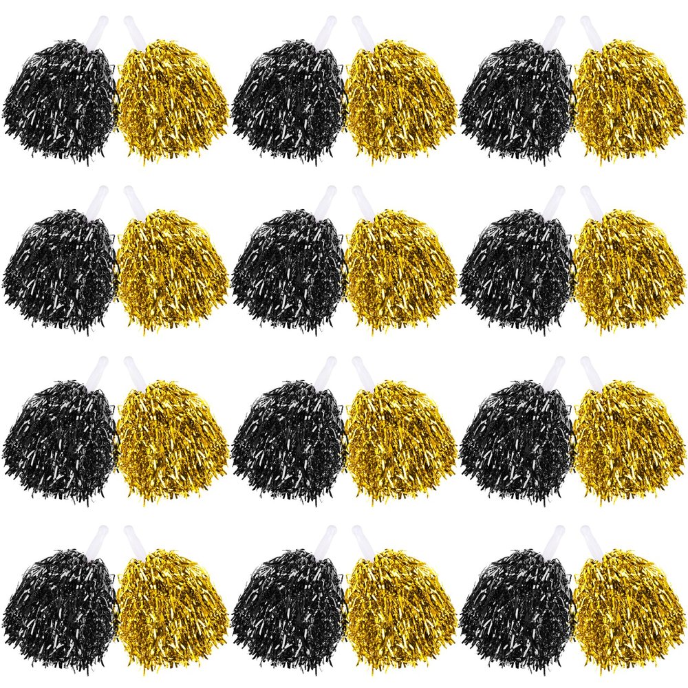 60 Pcs Cheerleading Pom Poms Bulk Kit Metallic Foil Fun Spirited Cheerleader Poms with Plastic Handles for Kids Adults Sports Match, Black & Gold