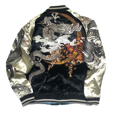 MQMYJSP Yokosuka Reversible Phoenix Dragon Tiger Peony High Street Heavy Work Embroidered Baseball Uniform Jacket Dragon King XS