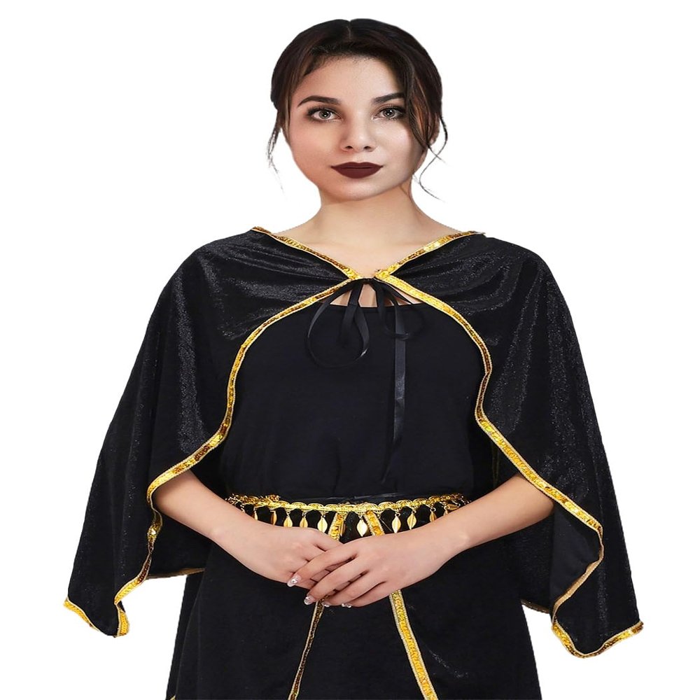 Aukmla Velvet Cape Short Halloween Cloak Cosplay Costume Shawl Wrap with Gold Sequin Edge for Women and Girls (Black)