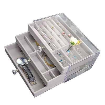 Acrylic Jewerly Box with 3 Drawers. Velvet Jewelry Organizer Holder for Earring, Bangle, Bracelet, Necklace, Ring, Watch. Display Case Gift for Women (Gray).