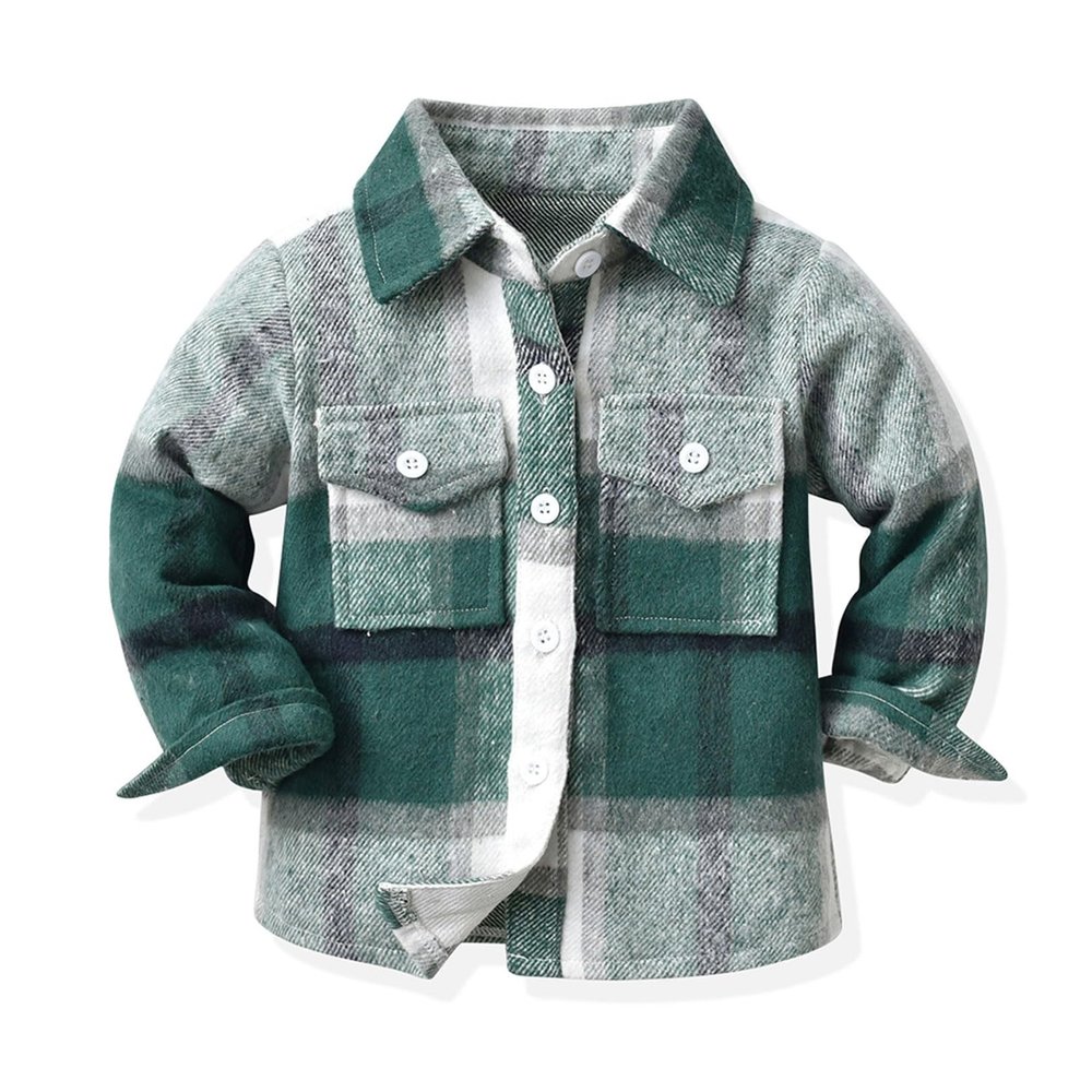 ALLureLove Toddler Boys' Girls' Flannel Plaid Shirt Button Down Long Sleeve Jacket Lapel Shacket Coat Tops Casual Outwear(Green,3-4T)