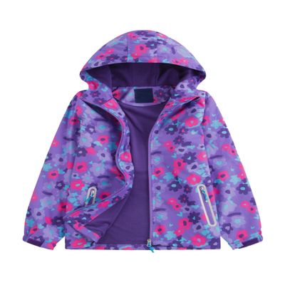 C2M Girls Rain Jacket Waterproof Hooded Raincoats Fleece Lined Windbreakers for Kids Purple Flowers 7-8