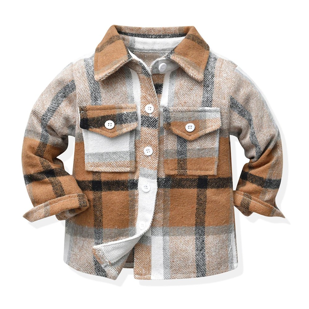 ALLureLove Toddler Boys' Girls' Flannel Plaid Shirt Button Down Long Sleeve Jacket Lapel Shacket Coat Tops Casual Outwear(Coffee,6-7T)