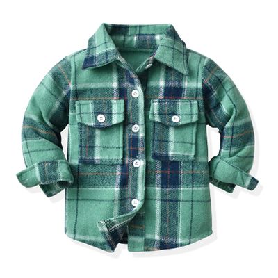 ALLureLove Toddler Boys' Girls' Flannel Plaid Shirt Button Down Long Sleeve Jacket Lapel Shacket Coat Tops Casual Outwear(Light Green,2-3T)
