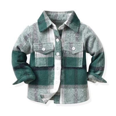 ALLureLove Toddler Boys' Girls' Flannel Plaid Shirt Button Down Long Sleeve Jacket Lapel Shacket Coat Tops Casual Outwear(Green,2-3T)