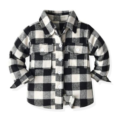 ALLureLove Toddler Boys' Girls' Flannel Plaid Shirt Button Down Long Sleeve Jacket Lapel Shacket Coat Tops Casual Outwear(Black,4-5T)