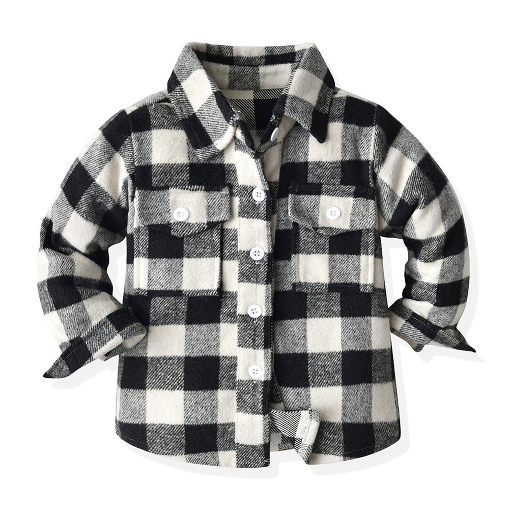 ALLureLove Toddler Boys' Girls' Flannel Plaid Shirt Button Down Long Sleeve Jacket Lapel Shacket Coat Tops Casual Outwear(Black,4-5T)