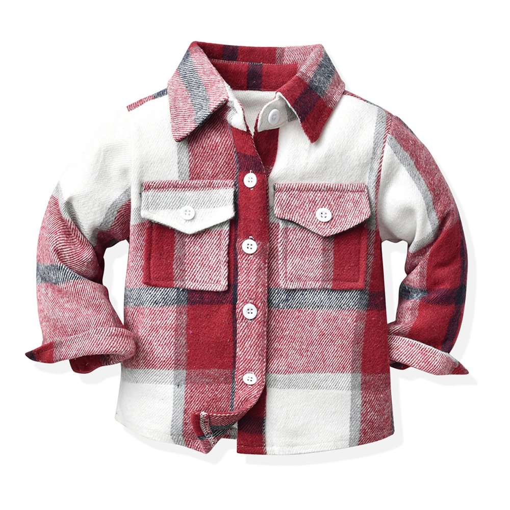 ALLureLove Toddler Boys' Girls' Flannel Plaid Shirt Button Down Long Sleeve Jacket Lapel Shacket Coat Tops Casual Outwear(Wine Red,5-6T)