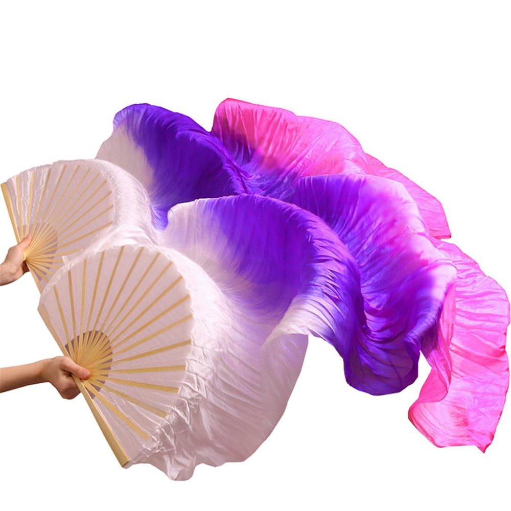 Pulcykp Belly Dance Fan Chinese Dance Fans Real Silk Imitation 1 Pair / 1 Pc Handmade Dyed Long Fan Veil as picture-10 L-180x90cmReal Silk