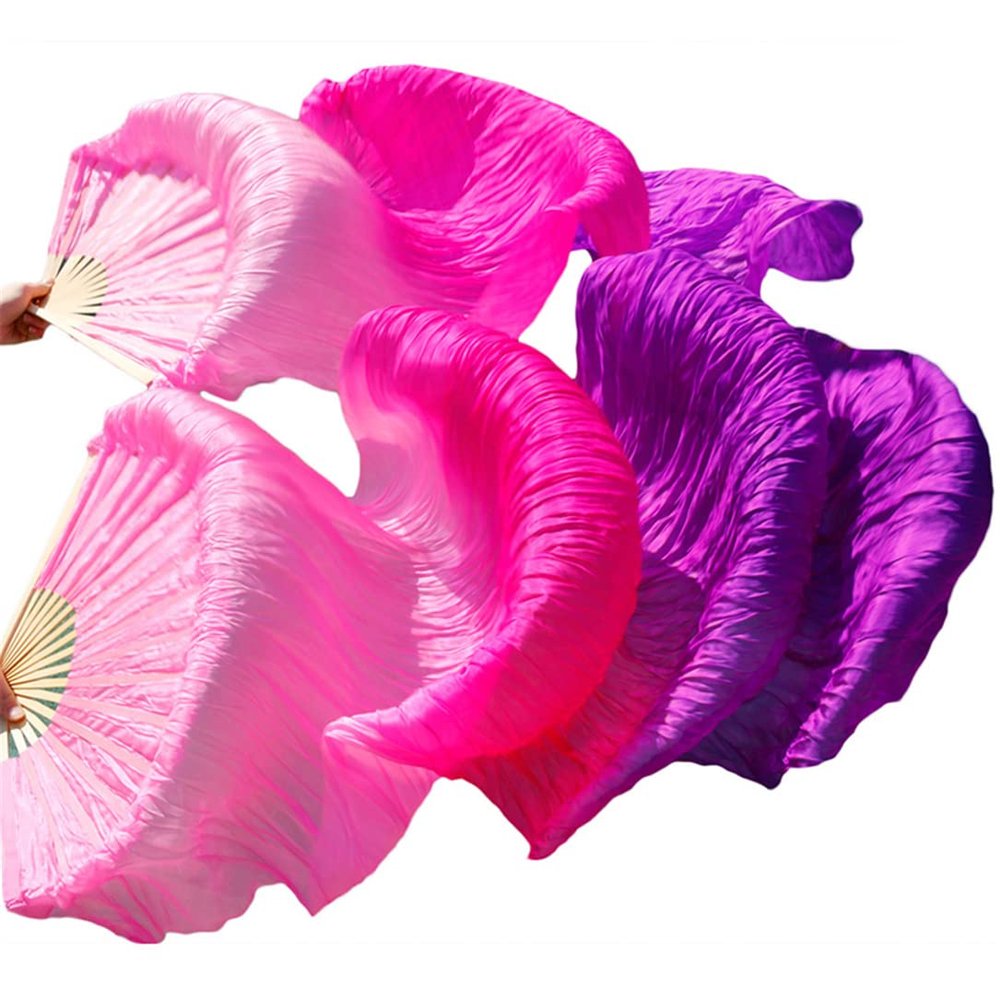 Pulcykp Belly Dance Fan Chinese Dance Fans Real Silk Imitation 1 Pair / 1 Pc Handmade Dyed Long Fan Veil as picture-21 L-180x90cmReal Silk