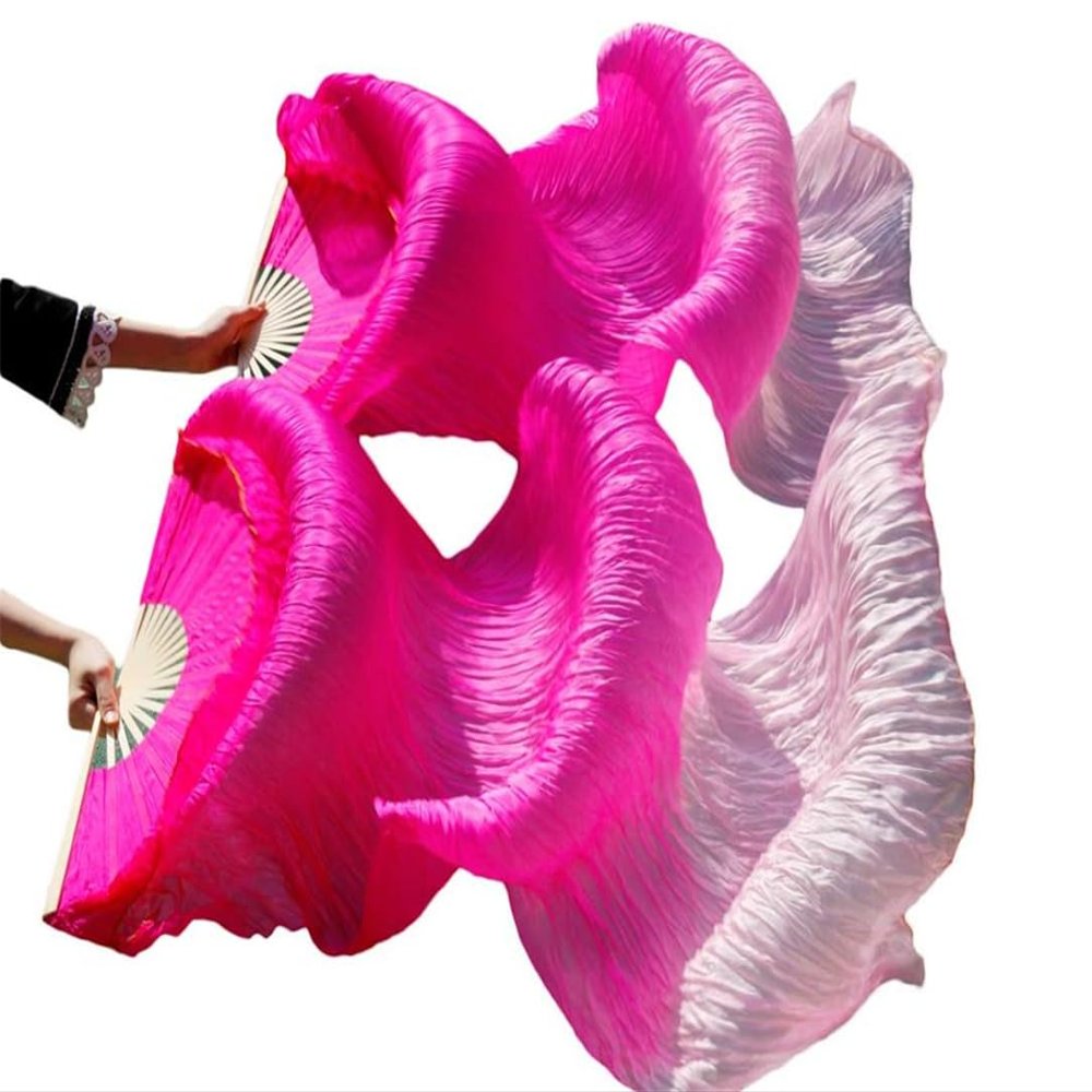 Pulcykp Silk Ribs Long Silk Fans Belly Dance Silk Fans Handmade Dyed Dance Fans Rose Red+Pink XL