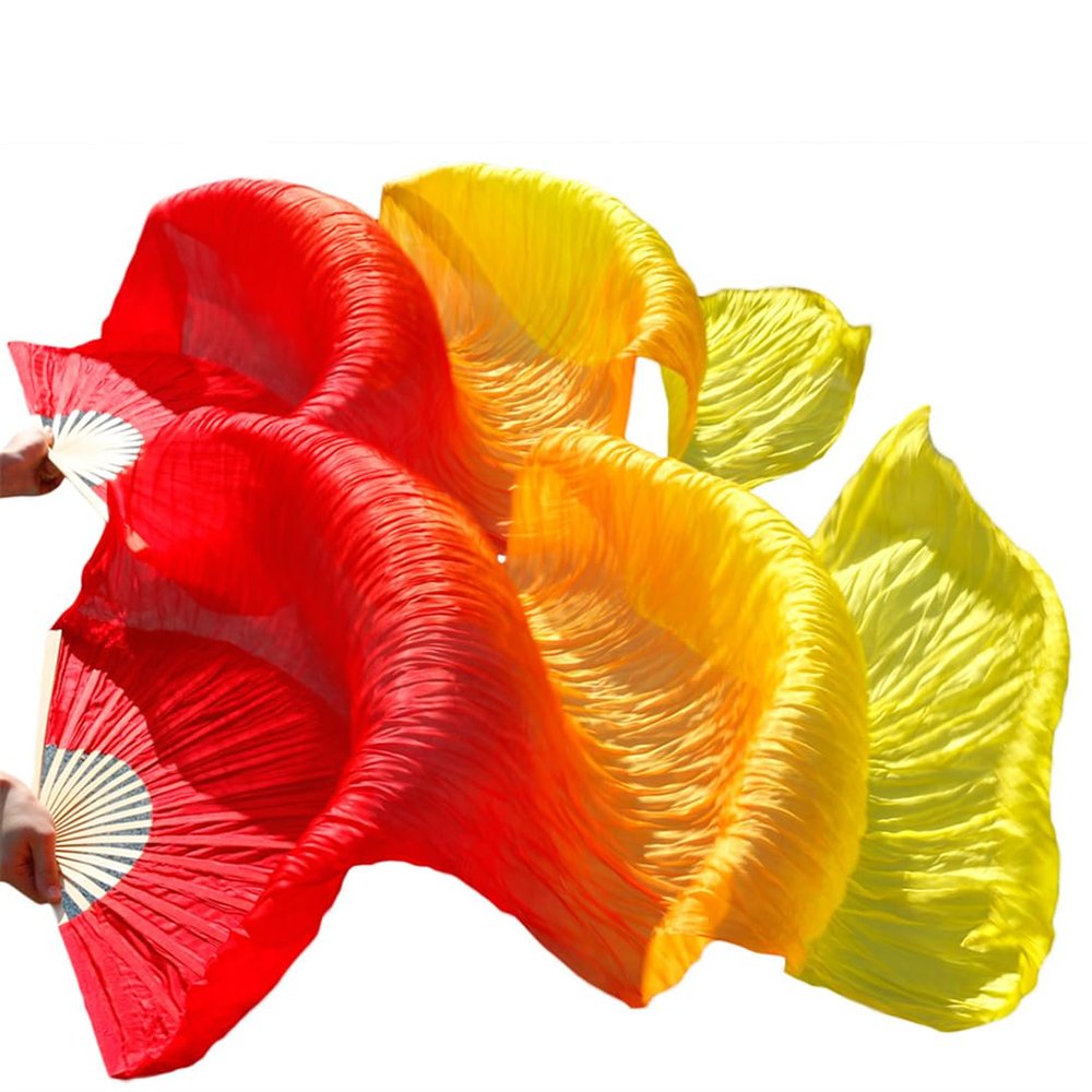 Pulcykp Women Silk Belly Dance Fan Dance Silk Veils 1 Pair 180 * 90 CM Red+Orange+Yellow red Orange Yellow 230cm 1 Pair