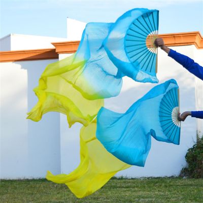 Pulcykp Silk Dance Fans 1Pair Handmade Unisex Silk Belly Dance Fans Dance Props Long Fans Turquoise+Yellow XL (230x90cm)