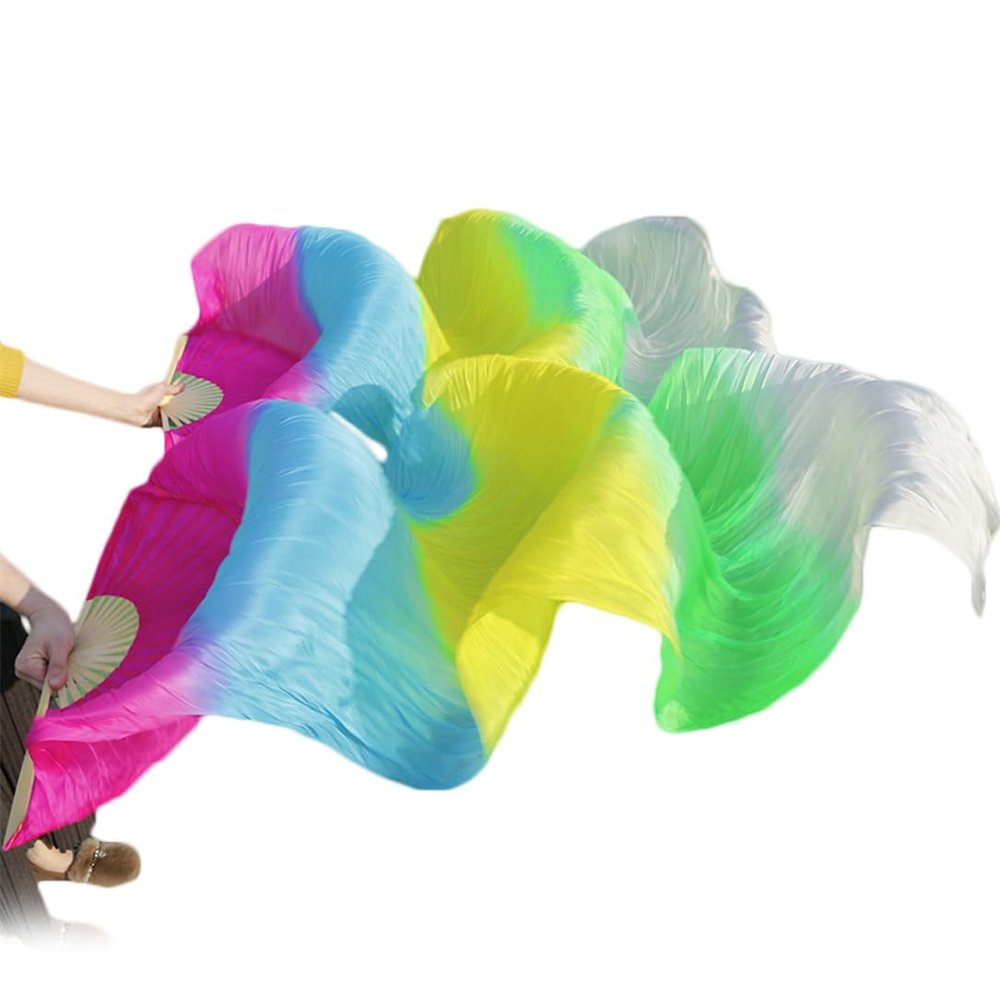 Pulcykp Women Chinese Silk Veils Dance Fans Pair of Belly Dancing Fans Cheap Turquoise+RoyalBlue+White as picture8 M-150cm-1pair(2pcs)